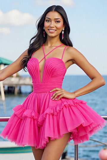 Fuchsia A Line Tulle Ruched Short Homecoming Dress with Ruffles
